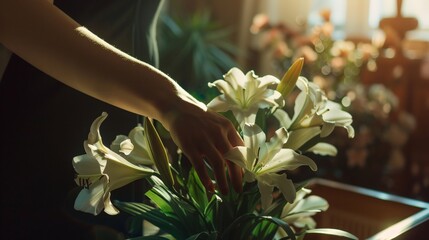 Close-Up of Woman Holding White Lily Flowers Near Casket at Funeral Home - obrazy, fototapety, plakaty