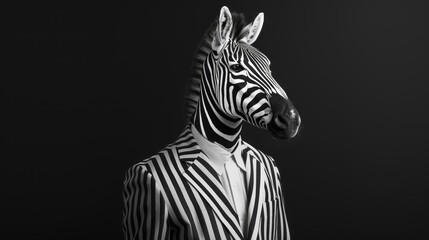 Zebra in a classic black and white striped suit, blending into a stark, striped monochrome set, epitomizing timeless fashion.