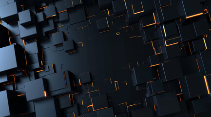 An array of 3D black cubes some with glowing golden edges creating a dynamic, futuristic surface