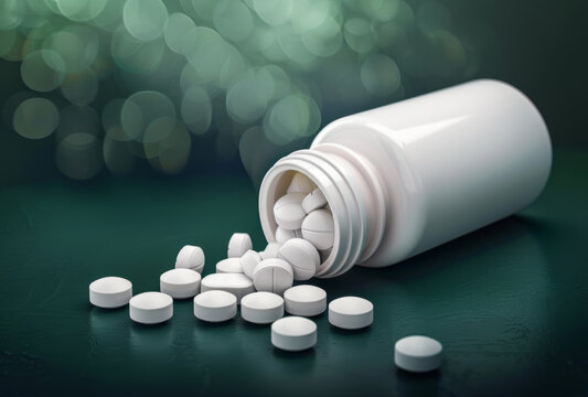 Close-up image of medication spilling from a white bottle on a dark surface with bokeh