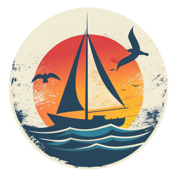 A round logo with a sailboat, seagulls and waves, maritime, sun, isolated