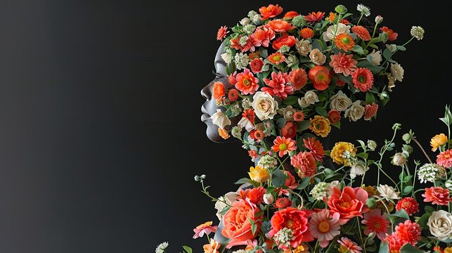 A dramatic scene featuring a model standing boldly, their body painted with hyper-realistic flowers that cascade down their limbs. 
