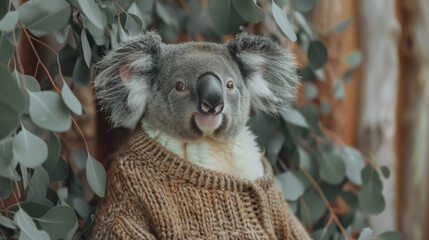 Koala in a cozy, oversized knit sweater, against a backdrop of eucalyptus leaves, exemplifying comfort and laid-back style.