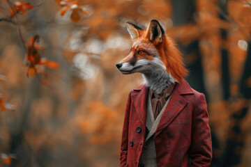 Fototapeta premium Fox in a vibrant red blazer, standing out against a crisp, autumn forest scene, looking dapper and ready for business.