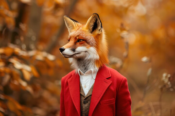 Fototapeta premium Fox in a vibrant red blazer, standing out against a crisp, autumn forest scene, looking dapper and ready for business.