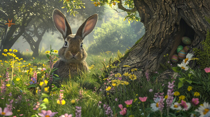 In a lush meadow dotted with wildflowers, an Easter bunny peers out from a hollow in an ancient oak tree, its ears perked up in anticipation. 

