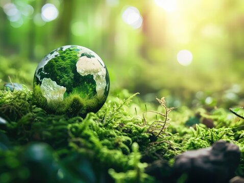 Earth Day image depicting a green globe map surrounded by a verdant with bright sun rays. Caring for Nature, environmental friendliness.  AI