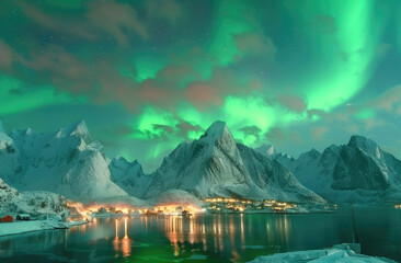 A stunning view of the Northern Lights over the Lofoten Islands, Norway with snow-covered mountains and an icy sea reflecting its glow
