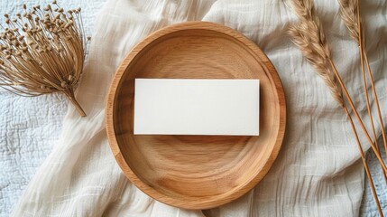 Wooden Plate with Blank White Card on Linen Cloth Mockup