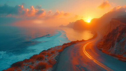 Sunset along the coast with a roadway