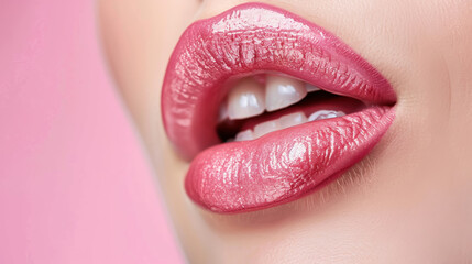 Glamorous makeup application, close-up of lips with pink lipstick, beauty industry and personal care