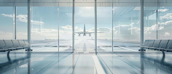 Airport terminal with clear view of taking off, the wonder of flight, global travel and modern transportation