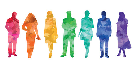 Group of people, silhouettes of men and women, passers-by, ladies and gentlemen, office workers, businessmen, business people. Colorful vector illustration. - obrazy, fototapety, plakaty
