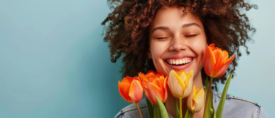 Exuberant young woman with a bouquet of orange tulips, expressing happiness, spring renewal and the simple pleasures of life - obrazy, fototapety, plakaty