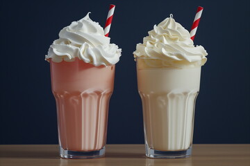 Milkshake pnik and white cocktails with whipped cream topping, straw, dark background