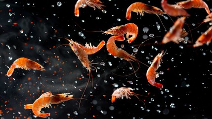 Pink Shrimp Pieces Floating in Air with Black Background - obrazy, fototapety, plakaty