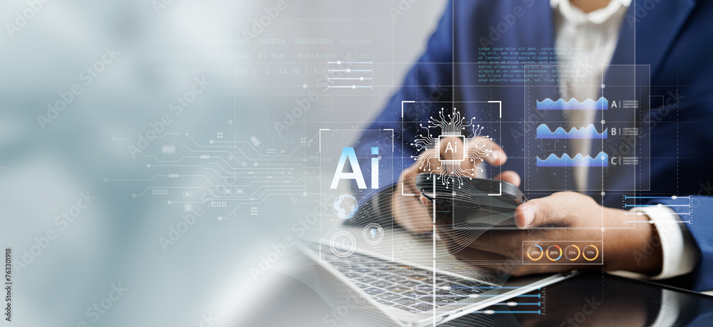 Fototapete ai technology, artificial intelligence, businessman using smart robot ai for data analysis,digital m
