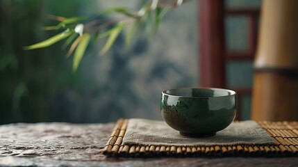 an AI-generated scene that conveys the cultural significance of a tea ceremony, showcasing a harmonious arrangement of a dark green tea set pottery against a backdrop of a finely crafted bamboo napkin