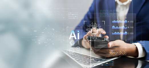 Ai technology, Artificial Intelligence, Businessman using smart robot AI for data analysis,Digital...