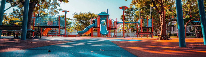 Bright and playful children's playground, community gathering space, childhood adventure and active social development - obrazy, fototapety, plakaty