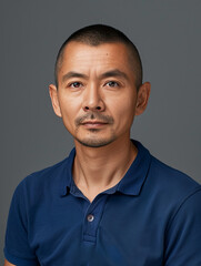 A headshot of a middle-aged Asian man in a blue polo shirt, with a calm and serious facial expression against a grey background