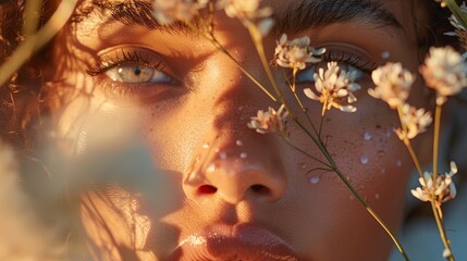 An artistic close-up where a model's face is partially obscured by a delicate arrangement of wildflowers. 