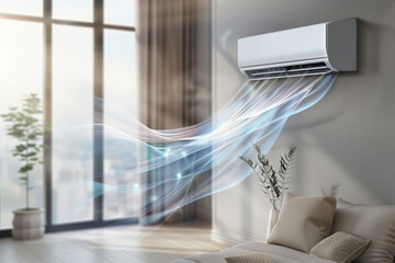 Fototapeta premium Air conditioner blowing waves of fresh clean air in the apartment. Generative AI