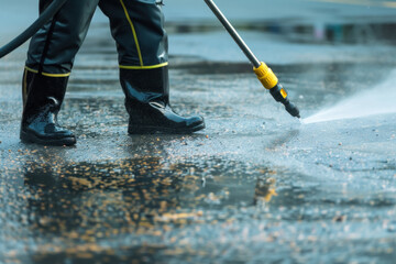 Worker using a high-pressure washer on pavement, cleansing and maintenance, the satisfaction of restoration and cleanliness - obrazy, fototapety, plakaty