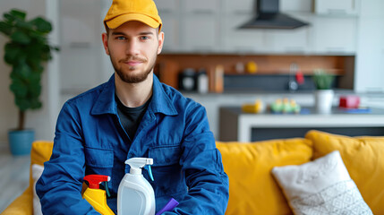 A professional cleaner in a blue uniform and yellow cap confidently holds a variety of cleaning supplies - obrazy, fototapety, plakaty