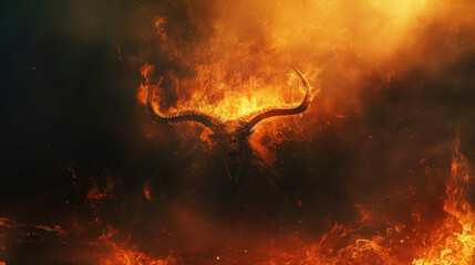 Fiery Demon Rising, A horned figure emerging from flames, symbolizing chaos and destruction, set against a dark, brooding fantasy landscape - obrazy, fototapety, plakaty