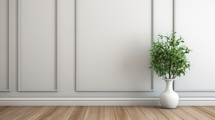 A white vase with a green plant in it sits on a wooden floor in a room with white walls. The room is empty and has a minimalist feel to it