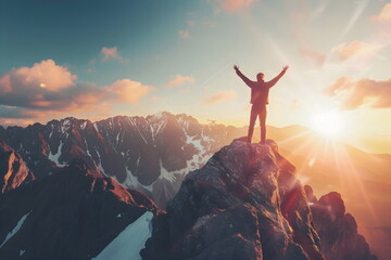 A man standing on top of a hill cheering with raised hands - obrazy, fototapety, plakaty