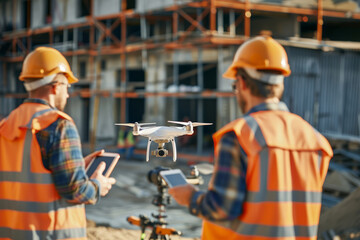 Drone operated by construction worker on building site. Generative AI - obrazy, fototapety, plakaty