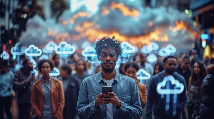 Foto op Plexiglas a dark-skinned young man in a crowd with a cell phone, glowing, abstract clouds above their heads symbolize cloud computing and internet connection © Christian Müller