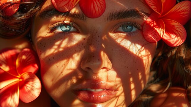 An image focused on the subtle interplay of floral shadows cast across a model's face and body, the patterns ephemeral and fleeting. 
