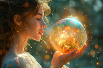 Naklejka premium Mother Earth in the form of a girl holds the planet Earth in her hands. World Earth Day is the international Mother Earth Day.