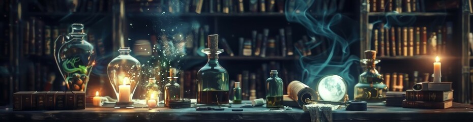 Warlock's Lair,A dark wizard's study filled with arcane books, glowing potions, and mystical artifacts, the air crackling with forbidden knowledge