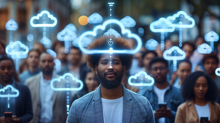 a dark-skinned young man in a crowd with a cell phone, glowing, abstract clouds above their heads symbolize cloud computing and internet connection