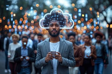 a dark-skinned young man in a crowd with a cell phone, glowing, abstract clouds above their heads symbolize cloud computing and internet connection