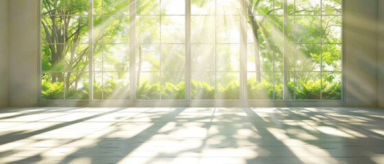 A room with a large window that lets in sunlight and a view of trees