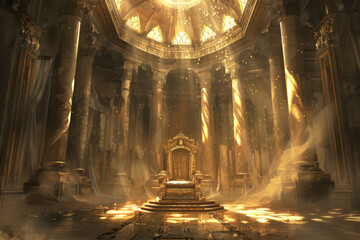 A golden room with a large throne in the center - obrazy, fototapety, plakaty