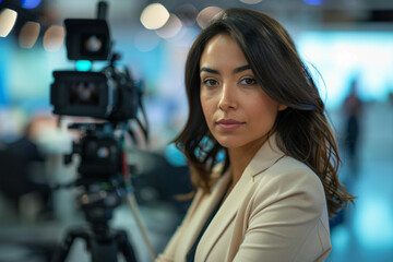 Professional news female reporter looking at the camera. Generative AI