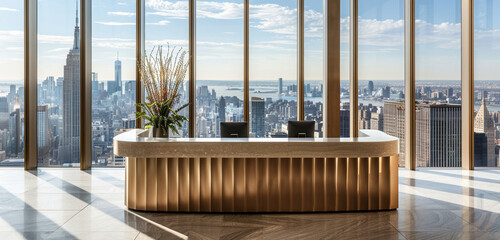 A stylish hotel welcome desk featuring floor to ceiling glass that looks out over a busy cityscape