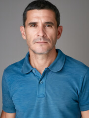 Portrait of a middle-aged man with a neutral expression wearing a blue polo shirt on a grey backdrop