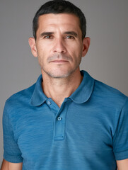 Fototapeta premium Portrait of a middle-aged man with a neutral expression wearing a blue polo shirt on a grey backdrop