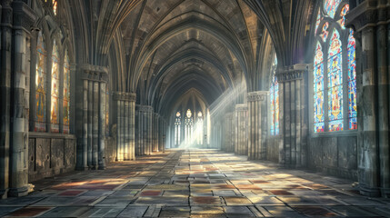 A large, empty cathedral with stained glass windows - obrazy, fototapety, plakaty