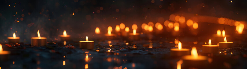 A close up of many candles lit in a dark room