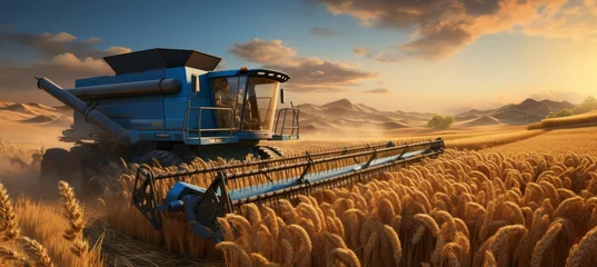 Foto op Plexiglas a combine harvester efficiently harvesting mature wheat in a vast agricultural field, capturing the golden hues of the sunset casting a warm glow over the landscape © anwel
