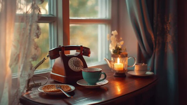 vintage old telephone with a cup a coffe and candle on the table near the window, animation seamless looping video 4k