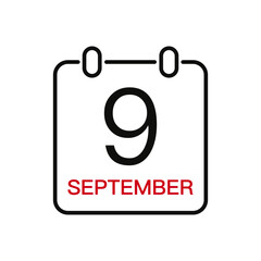 September 9 date on the calendar, vector line stroke icon for user interface. Calendar with date, vector illustration.